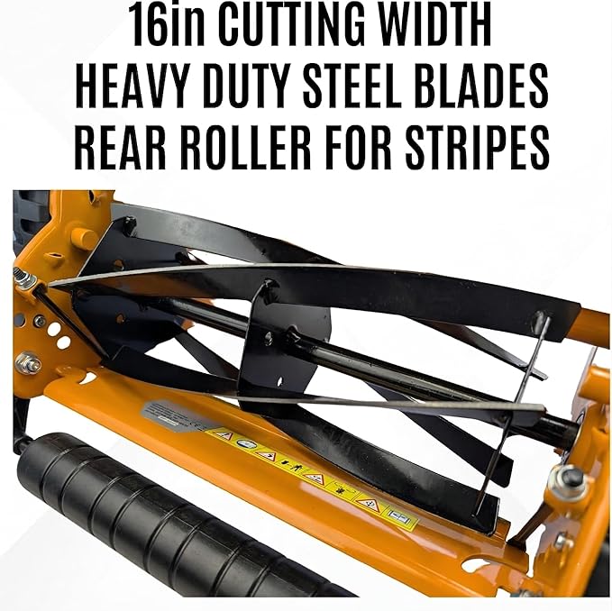 16in Push Along Lawn Mower - Lightweight 17.2 lbs - 4 Cutting Heights 0.6" to 1.6" - Rear Roller for Stripes - 16in Heavy Duty Steel Blades - 6.5 Gallon Collection Box (16 in)