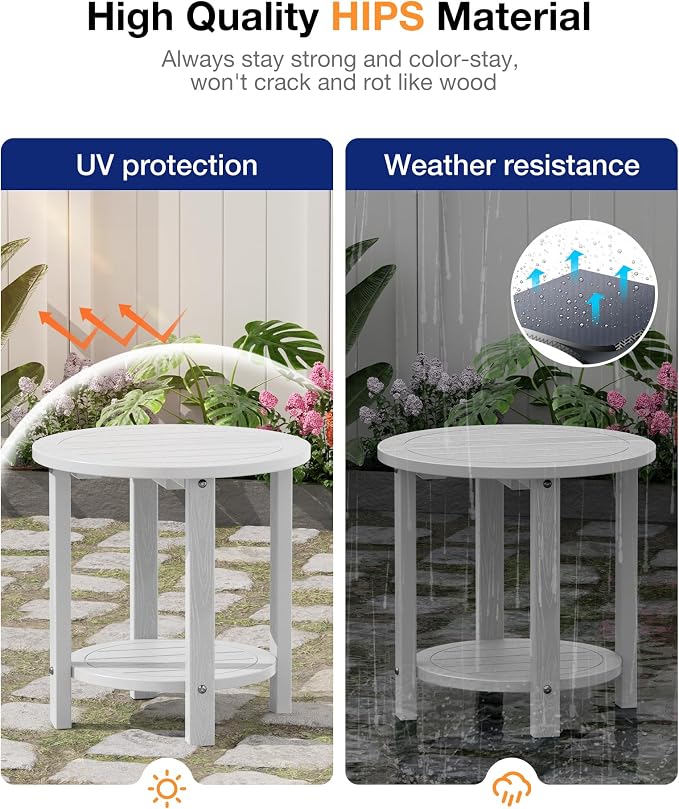 YEFU Outdoor Side Table for Patio: 16in HIPS Small Round Outdoor End Table - 2-Tier Adirondack Tables for Patio Porch Yard Poolside Living Room Beach Bedroom (White, 1 Pack)
