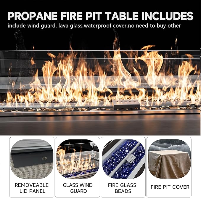 7-Piece Outdoor Patio Furniture Set with Fire Pit, Modular Sectional Sofa Set with Glass Coffee Table and Cushions, Wicker Outdoor Couch Conversation Sets, Blue