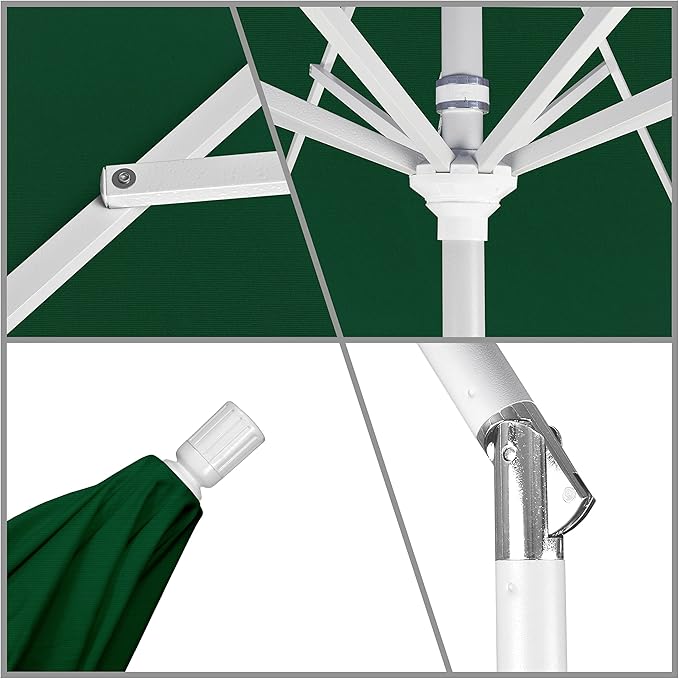 California Umbrella 11Ft Premium Sunbrella Patio Umbrella, Hand-Crank, Tilt-Collar, White Frame, Forest Green Fabric