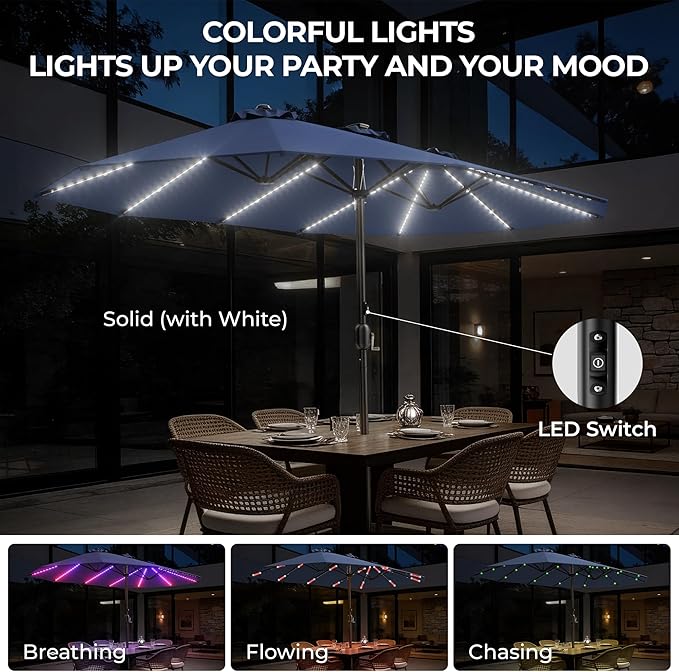 HOMSHADE Double Sided Patio Umbrellas with Base - 15ft RGB Multi-Color Flowing LED Lights Outdoor Extra Large Market Table Umbrella w/Stand, Oversized Umbrella for Deck, Pool, Backyard,Navy