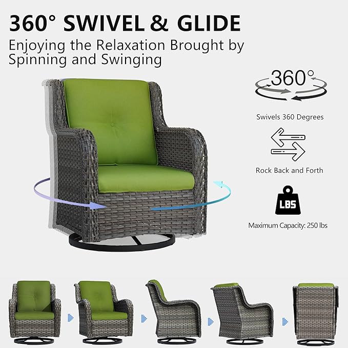 Outdoor 360 Degree Swivel Rocker Patio Chairs Sets of 2 and Matching Side Table - 3 Piece Patio Wicker Glider Chairs with Olefin Cushions(Mixed Grey/Green)