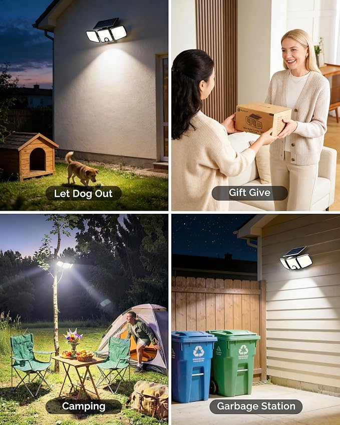 Brightown 3 Pack Solar Outdoor Lights with Motion Sensor, 223 LED 3 Head 270° Wide Angle Street Area Security Lights with Remote, IP65 Waterproof Flood Wall Lights with 3 Modes for Yard Outside