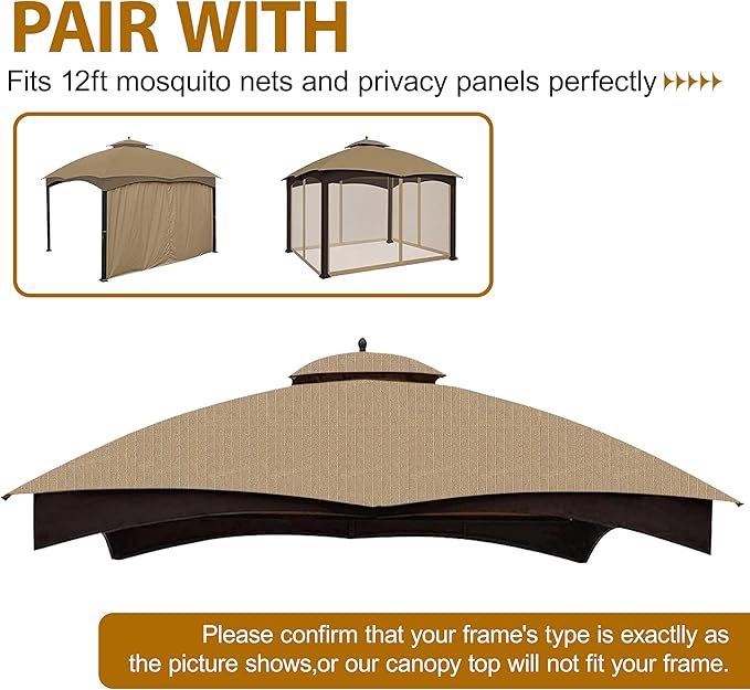 Coastshade Replacement Gazebo Canopy Top for Lowe's Allen Roth Heavy Duty Roof Gazebos Top with Mesh,10x12 Gazebo Cover #GF-12S004B-1, Replacement Top Only (Khaki Plus)