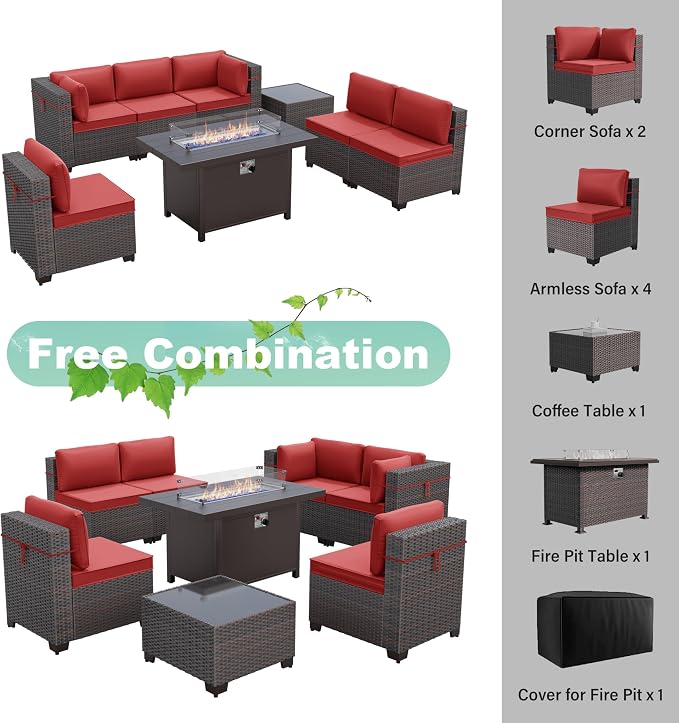 ALAULM 8 Pieces Patio Furniture Set with Aluminum Fire Pit Table Outdoor Furniture Sets 55000BTU Gas Fire Pit Brown PE Rattan Wicker Patio Conversation Sets w/6 Cushions-Red