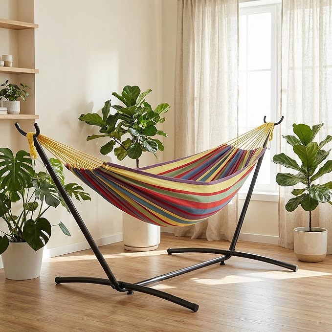 Patikuin Portable Double Hammock with Heavy-Duty Steel Stand, 500 Lbs Capacity, Comfortable Polyester Cotton, Space-Saving Collapsible Design for Outdoor Patio Indoor Use, Yellow Rainbow Stripes