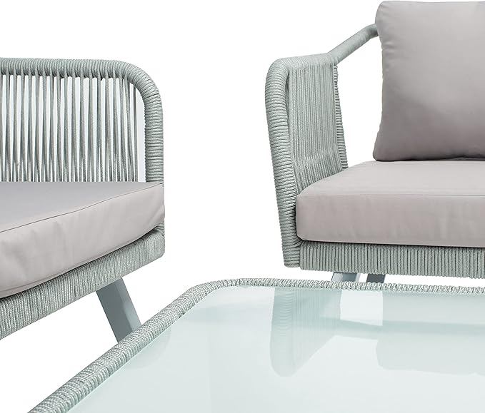Safavieh Outdoor Collection Torsla Wicker Cushion 4-Piece Rope Patio Backyard Living Set PAT7520C, Grey/Grey