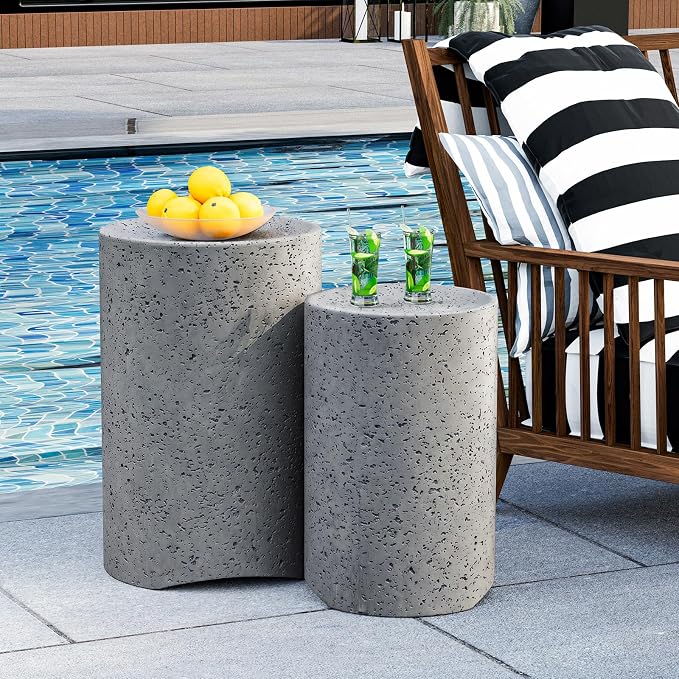 HOMPUS Outdoor Concrete Side Table Set of 2, Outdoor Nesting Table Round w Spotted Modern Vintage MgO, Lightweight Functional Patio Accent Table for Indoor Outside, Garden, Deck, Poolside, Grey