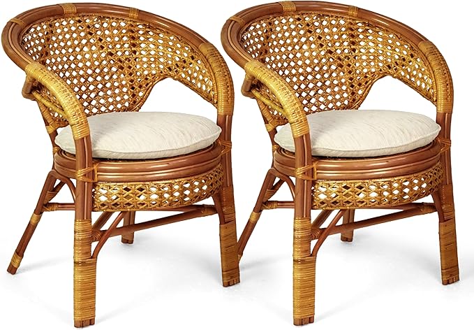 3 Pcs Pelangi Rattan Wicker Dining Set Round Table Glass Top and 2 Arm Chairs with Cream Cushion, Colonial Color