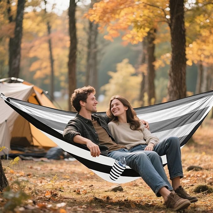 Black White Stripes Camping Hammock, Portable Lightweight Single Hammock with Tree Straps and Aluminum Carabiners, 114" x 54" Travel Hammock for Hiking Backpacking Beach