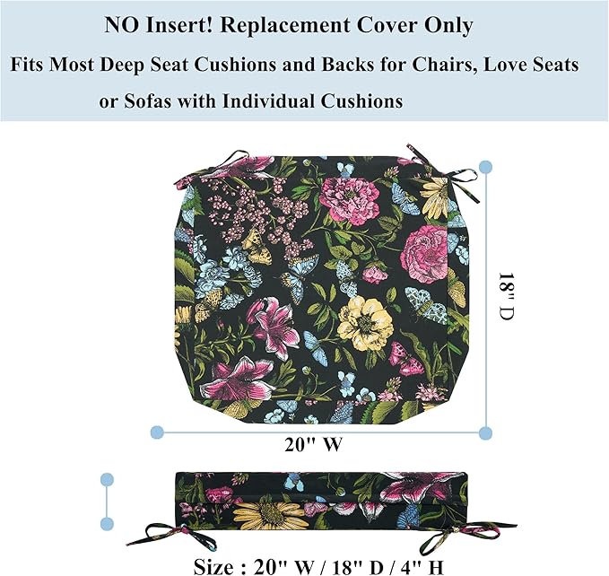 FUNHOME Outdoor Chair Cushion Covers 2 Pack, No Insert! Patio Cushion Covers Replacement 20" x 18" x 4", Water Resistant Patio Chair Cushion Slipcovers, Black Flower Butterfly(Covers ONLY)
