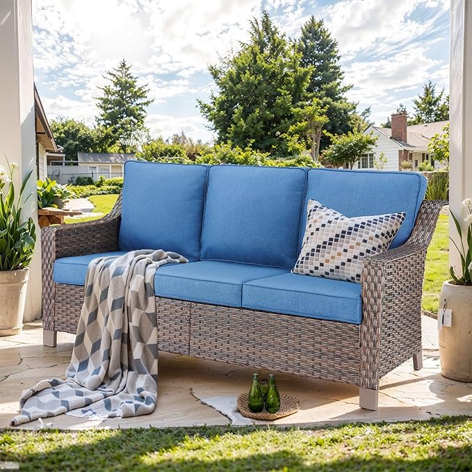 Outdoor Couch Wicker Patio Sofa-3-Seat High Back Outdoor Rattan Sofa Outdoor Patio Couch for Deck Balcony Poolside Backyard-Brown/Blue