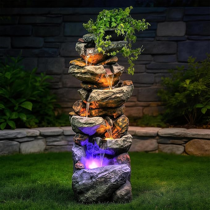 Water Fountain Outdoor,Corded Electric 6-Tier Cascading Rock Waterfall with LED Lights,Garden Fountain with Built-in Pump & Water Circulation,Weather-Resistant Resin for Patio (46.6)