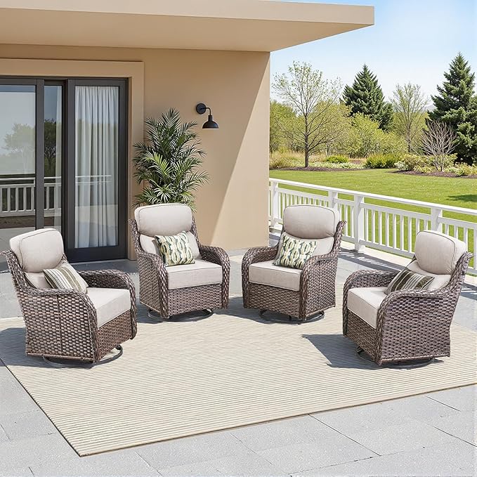 Luxury Outdoor Swivel Rocker Patio Chairs-4 Pieces High Back Swivel Rocker Patio Chairs with Thick Cushions All Weather Wicker Outdoor Furniture Set for Deck Porch Balcony(Brown/Beige)