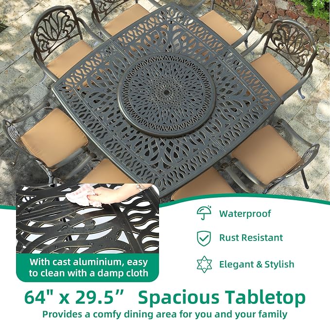 VIVIJASON Outdoor 64" Patio Dining Table for 8 Person, Large Patio Square Dining Table with 35.4" Lazy Susan, Dark Bronze Cast Aluminum Rustic Patio Table W/Umbrella Hole for Balcony, Porch and Deck