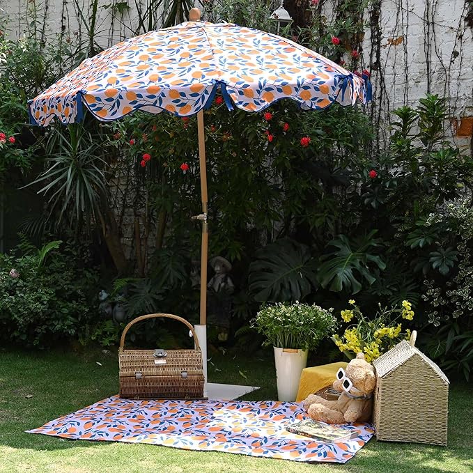 LAGarden Fringe Patio Umbrella with Carry Bag & Cover Vintage Wood for Event Outdoor Garden Yard Wedding Bistro Table