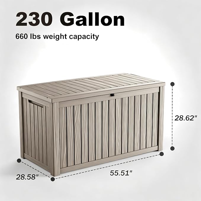 230 Gallon Outdoor Deck Box, Resin Waterproof Storage Box With Lockable Lid, UV-Resistant Multi-Purpose Outdoor Storage Bench for Patio Cushions, Garden Tools, Pool Accessories (Grey)