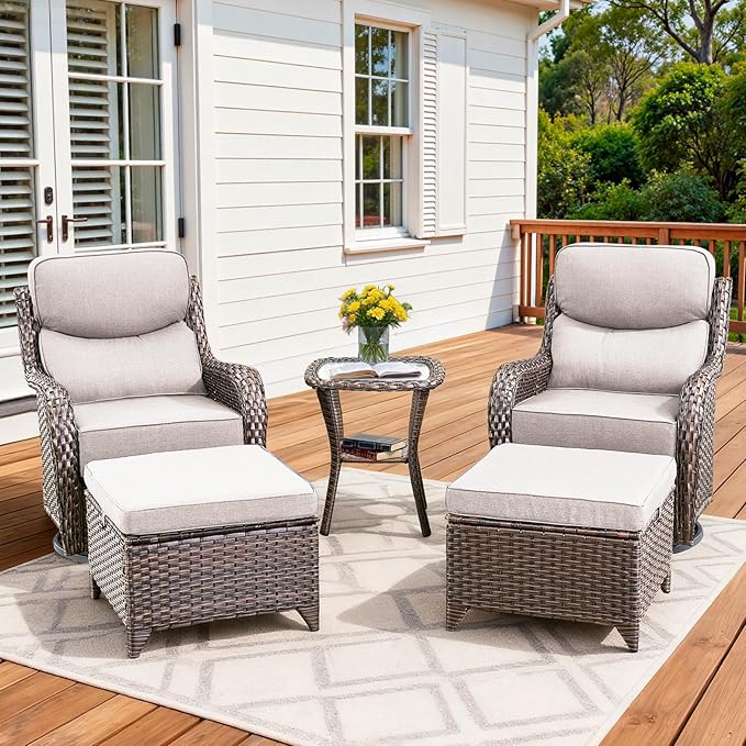 Luxury Outdoor Swivel Rocker Patio Chairs Set of 5, High Back Swivel Patio Chairs with Side Table 6-Inch Thick Cushions Ottomans, Wicker Outdoor Bistro Set for Porch, Yard, Deck, Poolside, Brown/Beige