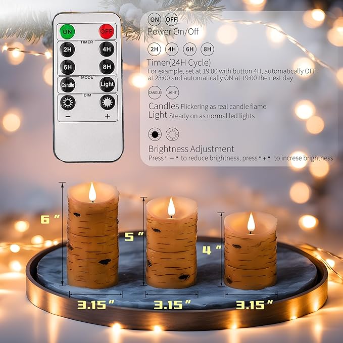 NICEME LED Birch Bark Flameless Candles Set of 3 Real Wax Battery Operated Candles Flickering Teardrop Wick Electric Decorative Pillar Bark Candles with Remote Timer, D3 x H4 5" 6"