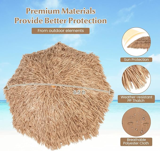 RELAX4LIFE 6.5FT Tiki Patio Umbrella with Base - Hawaiian Style Tilt Beach Umbrella w/8 Ribs, Foldable Stand, Carry Bag, Tropical Palapa Grass Pool Umbrellas, Hula Thatched Tiki Umbrella Outdoor Patio