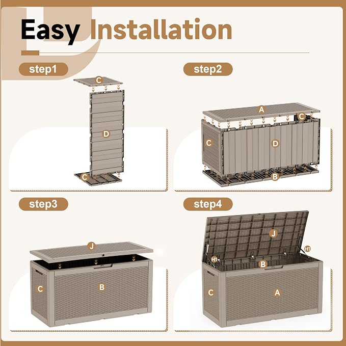 120 Gallon Outdoor Storage Deck Box Waterproof Resin Lockable Outside Bench Porch Patio Furniture Pool Float Garden Tool Cushion UV Resistant Bin Beige