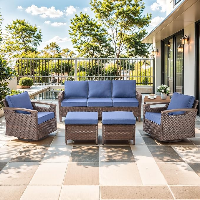 Luxury 6 Piece Heavy Duty Patio Furniture Set with Swivel Chairs - All Weather Wicker Comfort Thick Cushion Outdoor Conversation Set with 3 Seat Sofa & Ottoman for Porch Poolside Deck - Blue