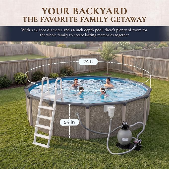 Blue Wave Riviera 24-ft Round 54-in Deep Hard Sided Above Ground Pool with Resin Top Seats, Steel Verticals, Dual-Speed Sand Filter System, Ladder, Liner, Skimmer & Maintenance Kit – 13,500 Gal Cap