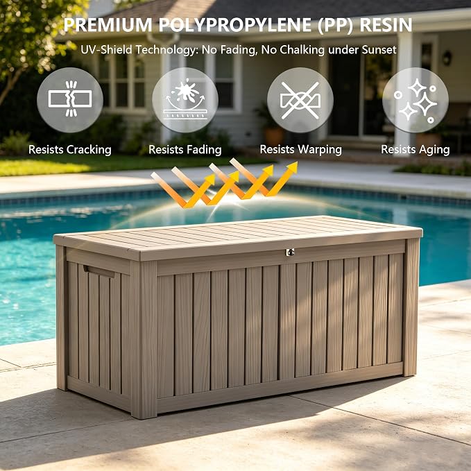 Outdoor Storage Box, 150 Gallon Waterproof Deck Box [Upgraded 3.0], Piston-Assisted Resin Trunk for Sectional Sofa Cushions, High-Capacity Lockable Double Storage Bench, Patio Lounge, Grey