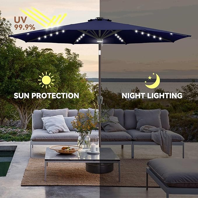 11FT Solar Umbrella Outdoor - Lighted Solar Patio Umbrella with 40 LED Lights Waterproof UV Protection, Table Umbrella with Tilt for Pool, Porch, Garden, Deck, Backyard - Navy Blue