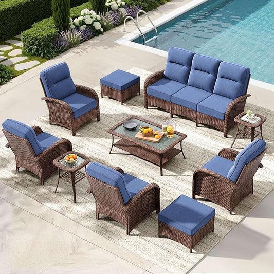 10-Piece Patio Furniture Set with 6-Inch Thick Cushions, High Back Outdoor Couch and Arm Chairs, All-Weather Conversation Set for Porch, Deck, Yard, Pool in Blue