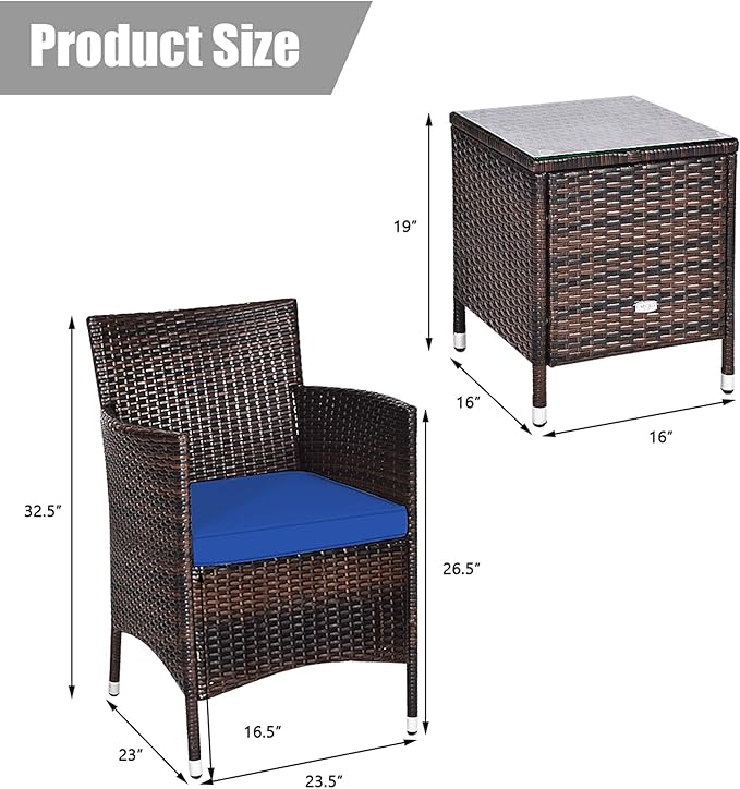 DORTALA 3 Piece PE Rattan Patio Furniture Set, Outdoor Chairs & Table Set with Tempered Glass Top & Cushions, Wicker Conversation Set for Garden Backyard, Navy