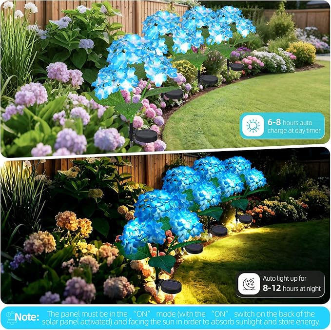 Solar Path Lights Outdoor 4 Pack, LED Blue Hydrangea Flower Decor, Waterproof Auto On/Off, Bigger Solar Panel for Yard, Patio, Garden Walkway Decoration Gift for Mom (Blue)
