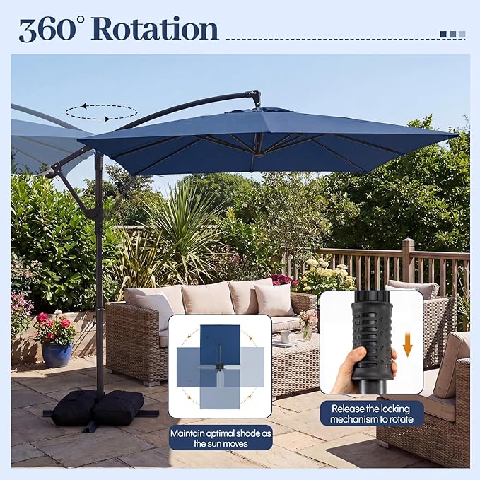 Tangkula 8x8 FT Patio Umbrella with Base Included, Square Offset Cantilever Outdoor Umbrella with 360 Degree Rotation, Crank Handle, Sandbags, 8 Ribs for Pool Deck Garden Backyard