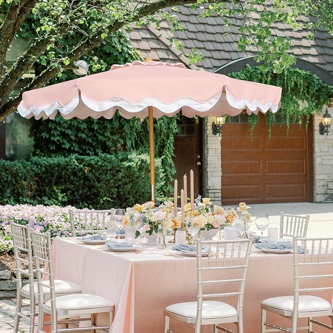 AMMSUN 8.2ft Vintage Wood Outdoor Umbrella, with a pulley system, UPF 50+, for markets, gardens, porches, courtyards, beach terraces, cafes, taverns, dining tables, pool sides, wedding venues