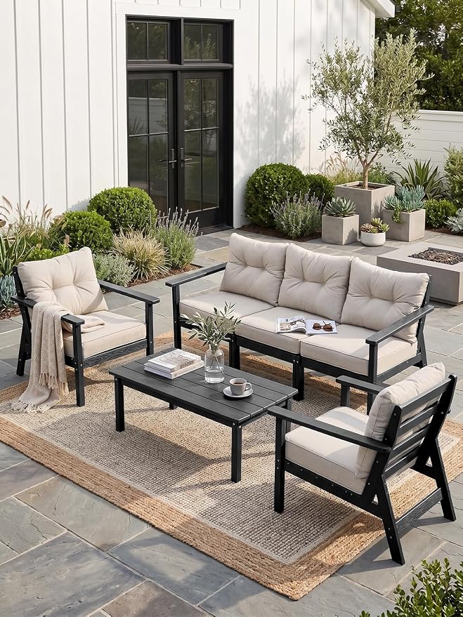 HDPE Patio Conversation Set 5 Seats, Outdoor Furniture Set, Patio Sofa Set | Water-Resistant Thick Cushion, HDPE All Weather, Wood-Grain, No Rot or Rust or Crack, UV Fade Shield, Easy-Clean for Outside