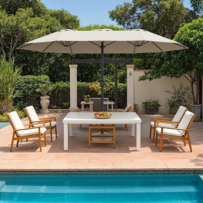 15ft Double-Sided Outdoor Patio Umbrella, Table Umbrellas with Steel Ribs, Easy Crank, Market Umbrella for Backyard & Pool