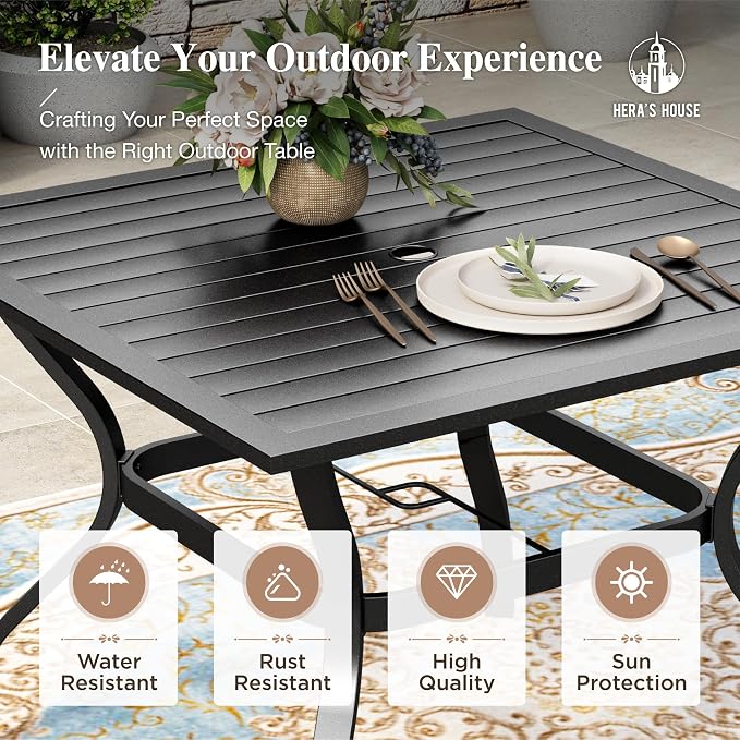HERA'S HOUSE Patio Table and Chairs for 4, Outdoor Dining Set, Brown | 37" square metal dining table with textilene Chairs, Rust-resistant all-weather for Lawn Garden Backyard