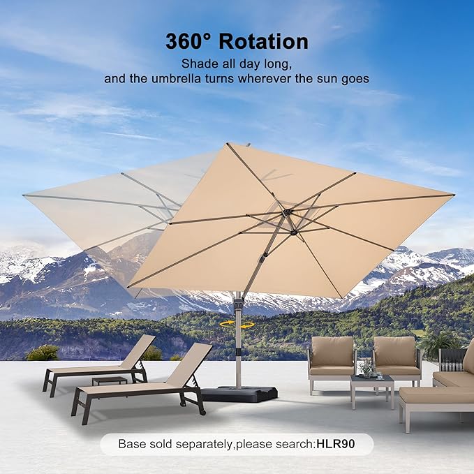 PURPLE LEAF 9' X 11' Patio Umbrella, Rectangle Outdoor Cantilever Umbrella, Aluminum Offset Umbrella with Champagne Frame and 360° Rotation for Pool Deck Garden, Beige