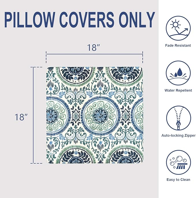 Outdoor Throw Pillow Covers Pack of 2, Decorative Water Repellent Square Pillow Cases with Piping 18x18 Inch, Celadon Wreath