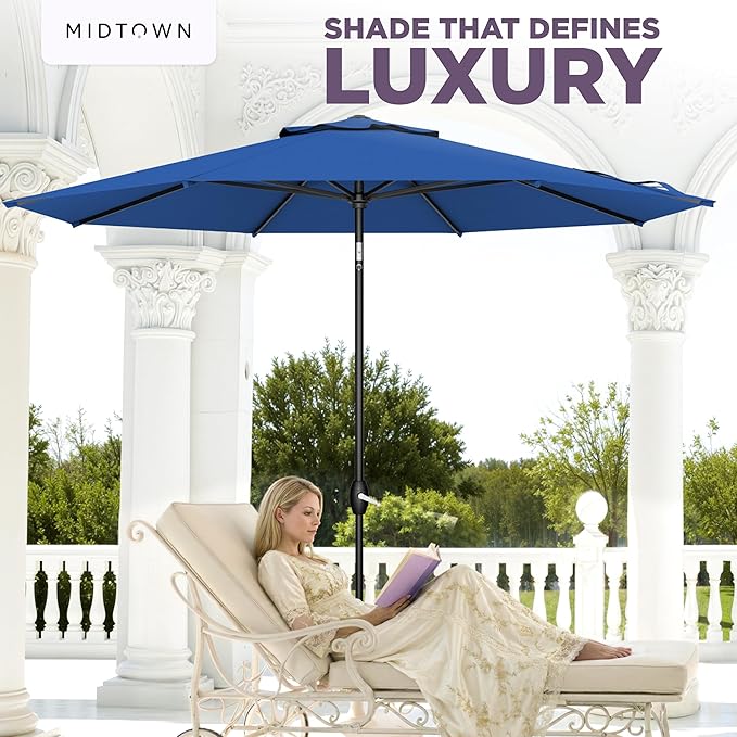 Midtown Umbrellas - The Lean 8 Ft Patio Umbrella with Fade-Resistant Sunbrella Fabric, Auto-Tilt Aluminum Frame and 8 Reinforced Ribs for Deck, Pool & Garden - Dark Blue Canopy, Black Pole