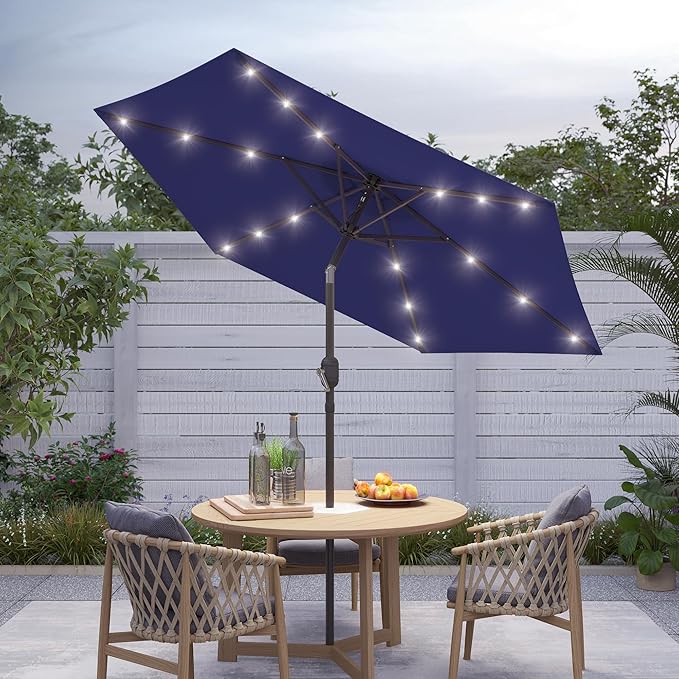 7.5ft Outdoor Umbrella Patio Umbrella with Solar Lights,18 LED Lighted Table Market Outdoor Umbrella, 2-Year-Non-Fading, for Pool, Deck, Garden,Backyard