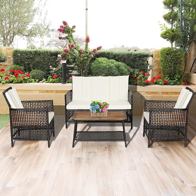 Tangkula 4 Pieces Patio Furniture Set, Outdoor PE Wicker Conversation Set with 2-Tier Coffee Table, Acacia Wood Tabletop & Extra Storage Shelf, Outdoor Furniture Sofa Set w/Cushions (1, Off White)