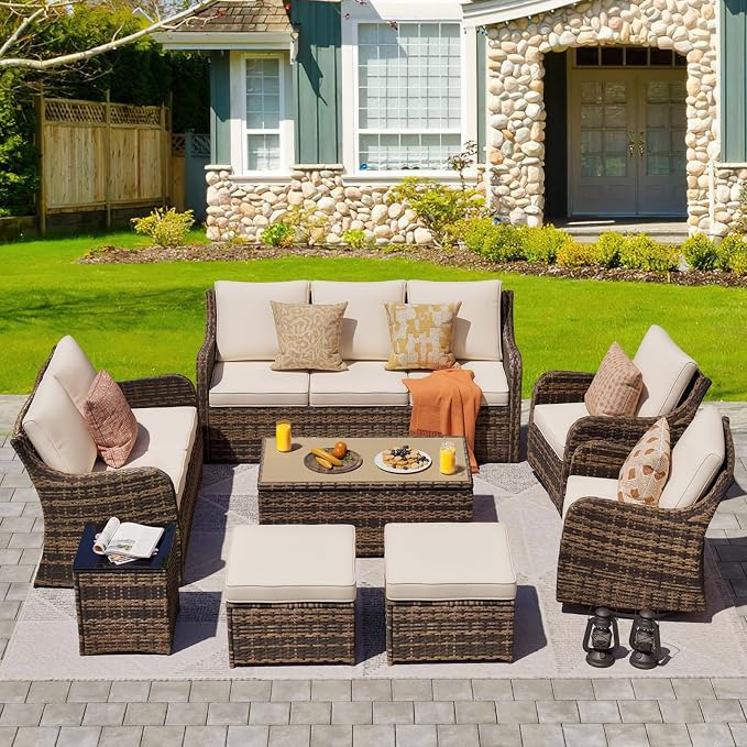 MEISSALIVVE Patio Furniture Set with Swivel Rocking Chairs, 8 Pieces Patio Conversation Set, Outdoor Wicker Sofa Couch with Waterproof Cushions for Lawn Backyard Porch (Brown)