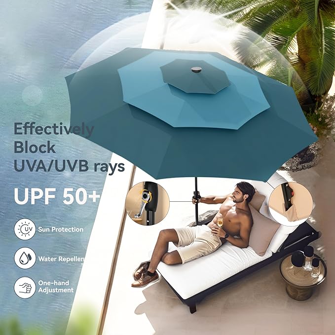 PHI VILLA 10ft Patio Umbrella with Solar Lights, Outdoor 3 Tier Vented Large Market Table Umbrella for Lawn Poolside Garden Terrace, Peacock Blue & Cerulean (No Base)
