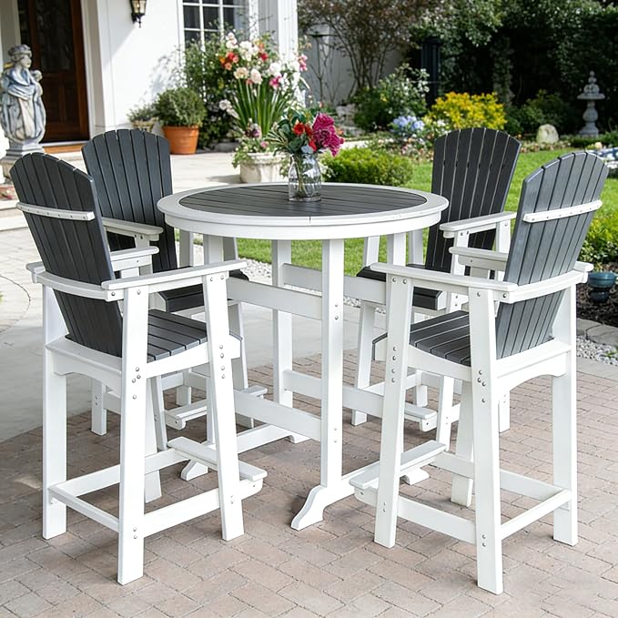 JUSTONE 5 Pcs Outdoor Patio Bar Stools Set, 4 Bar Stools and Table with Umbrella Hole, All-Weather Patio Bistro Set,Outdoor Bistro Set for Lawn Garden, Balcony,HDPE Material (5-Pcs, Grey and White)