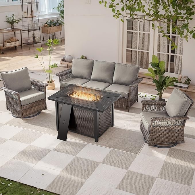 Patio Furniture Set with Fire Pit Table, 4PCS Patio Conversation Set Brown Resin Wicker Swivel Patio Chair and Sofa with 43in Rectangular Iron Fire Table PE Rattan Furniture Set