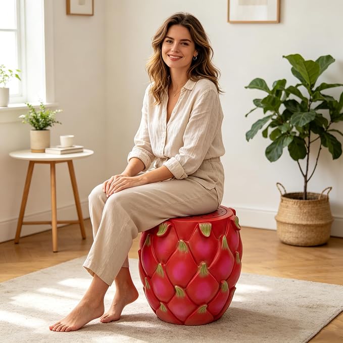 13.78" Dragonfruit Stool Side Table Home Decor, Resin Multi-Purpose Garden Stool & Plant Stand, Indoor Outdoor Fruit End Table for Garden Patio, Porch, Housewarming Gift