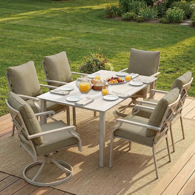 7-Piece Patio Dining Set, White Food-Grade Sintered Stone Dining Table with Umbrella Hole, 4 Dining Chairs and 2 Swivel Chairs with Beige Removable Thickened Cushions for Garden Lawn Yard
