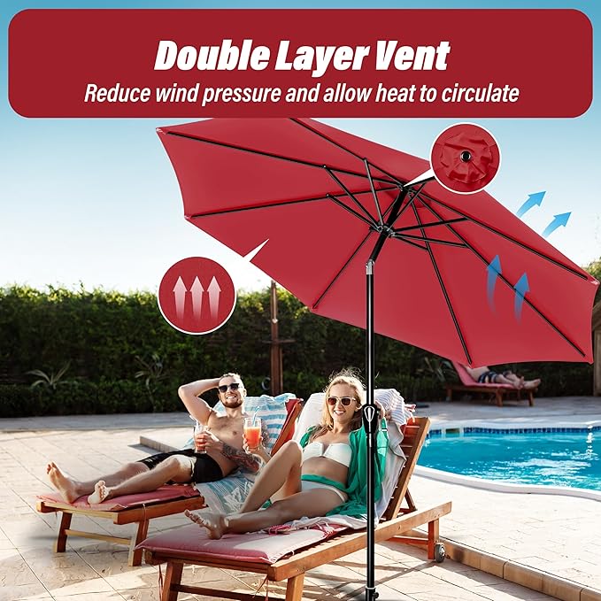 Simple Deluxe 9FT Outdoor Patio Umbrella Table Market Umbrella with Push Button Tilt and Crank, 8 Sturdy Ribs, UV Protection Waterproof for Garden, Lawn, Deck, Backyard, Pool, Red