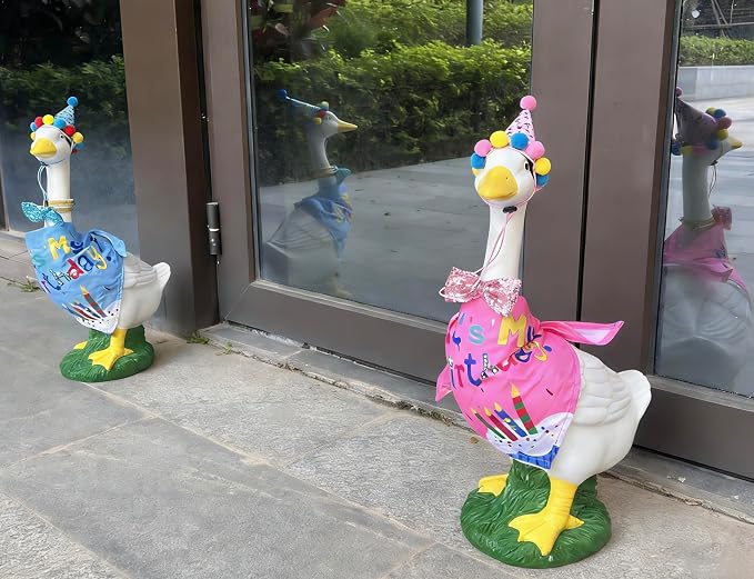 Porch Goose Statues with Outfits - 20" Large Durable Resin Goose Statue Decor with Birthday Outfit Set, Funny Big Duck Sculpture, for Garden Lawn Yard Entryway Accent Decoration